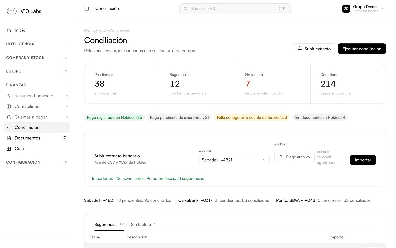Portal de V10: conciliación de movimientos bancarios con facturas