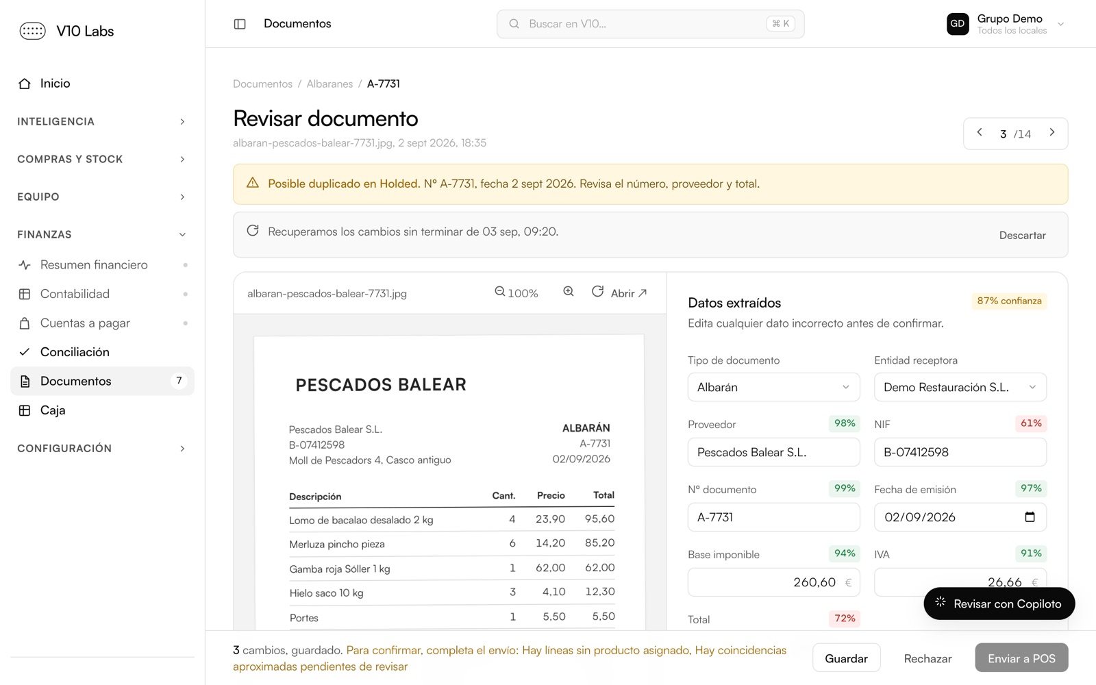 Portal de V10: revisión de documento con el Copiloto